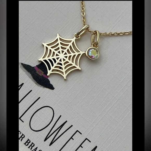 RAE DUNN Halloween Holiday Delicate Gold Spider Web Charm Necklace Box NEW NWT - Picture 2 of 2